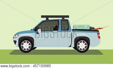 Pickup Truck Vehicle Two Tone Of Blue And Dark Blue. With Steel Rack On Top Of Roof. Carrying Water 