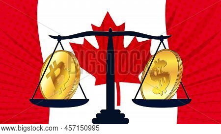Gold Coin Of Bitcoin Btc And Canadian Dollar Cad On Scales And Colored Flag Of Canada On Background.