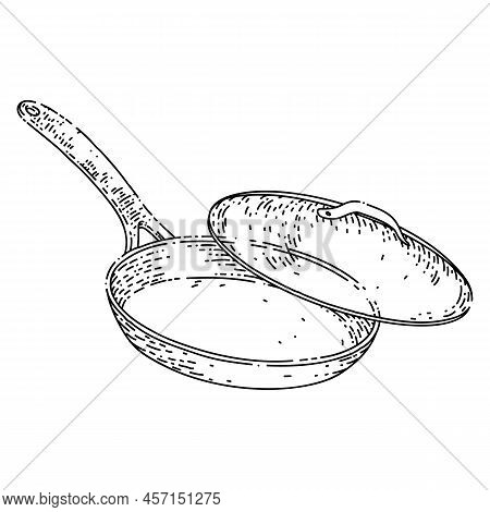 Frying Pan Hand Drawn Vector. Cooking Kitchen, Skillet Cook, Black Iron Pot Frying Pan Sketch. Isola