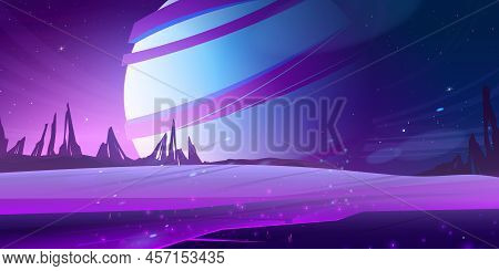 Cosmic Background, Alien Planet Deserted Landscape With Purple Mountains, Rocks, Stars Shine In Deep