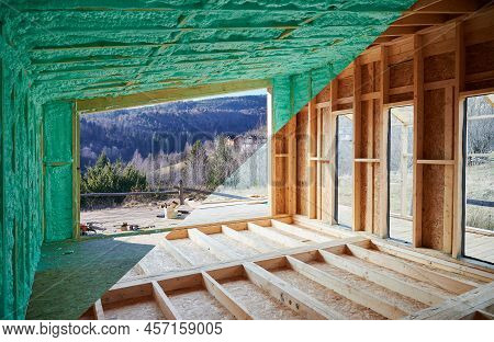 Photo Collage Before And After Thermal Insulation Room In Wooden Frame House In Scandinavian Style B