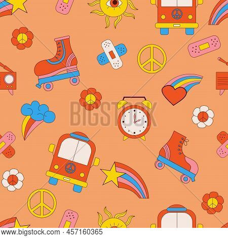 Retro Psychedelic Seamless Patterns, Groovy Hippie Backgrounds. Vector Hippy Pattern With 70s, 80s, 