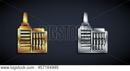 Gold And Silver City Landscape Icon Isolated On Black Background. Metropolis Architecture Panoramic 