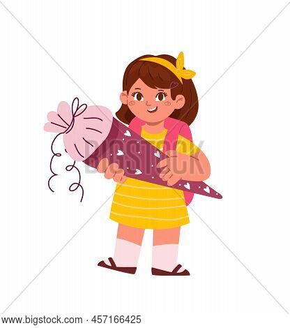 Schoolgirl Holding Sugar Cone.germany Enrollment Tradition.vector Illustration