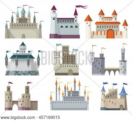 Medieval Kingdom Castles. Fairy-tale Buildinds Of Middle Ages Historic Period. Vector Building Exter