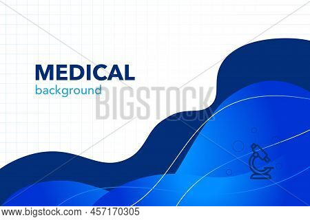 Blue Background With Medical Theme, Wavy Lines And A Microscope On The Background