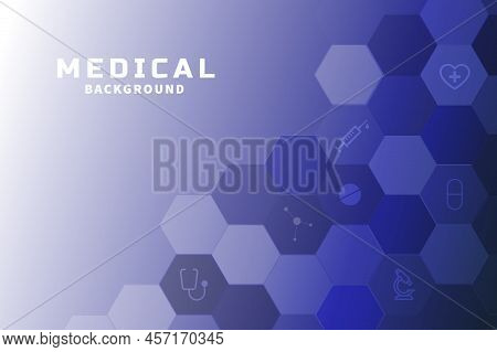 Blue Background With Medical Theme, With Honeycombs And Icons For Medicine And Inscription