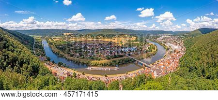 Drone Panorama Over River Main In Germany With Village Freudenberg