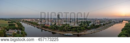 Drone Panorama Over Main River And Offenbach With Frankfurt Skyline