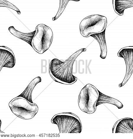 Seamless Pattern With Black And White Oyster Mushroom Stock Illustration