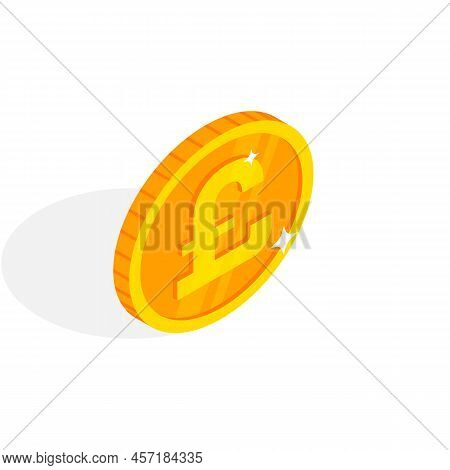 Isometric Gold Coin Icon With Pound Sign. Vector 3d Pound Sterling Cash, Currency Of United Kingdom,