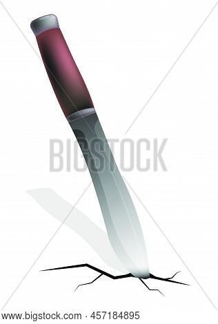 Hunting Knife Stuck In Ground With Cracks. Cleavage From Being Stabbed Into Ground. Color Vector Con
