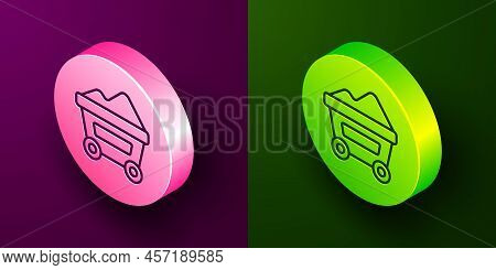 Isometric Line Coal Mine Trolley Icon Isolated On Purple And Green Background. Factory Coal Mine Tro
