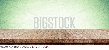 Wood Table And Green Wall Background In Kitchen, Wooden Shelf, Counter For Food And Product Display 