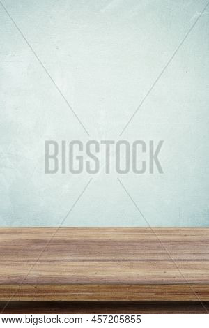 Vertical Brown Wood Table And Green Cement Wall Background In Kitchen, Wooden Shelf, Counter For Foo