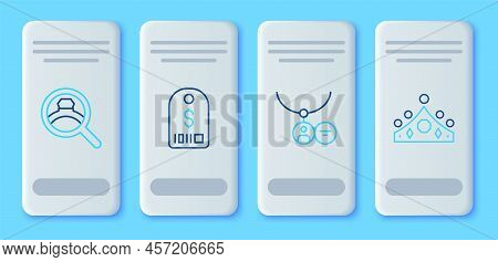 Set Line Price Tag With Dollar, Locket On Necklace, Diamond Engagement Ring And King Crown Icon. Vec