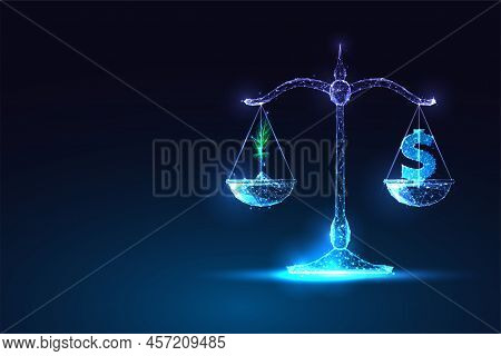 Concept Of Sustainable Business Choice, Ecology And Money Balance In Business On Dark Blue