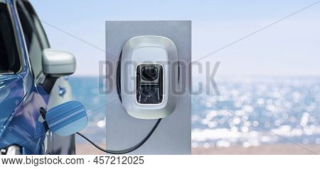 Power Supply Connect To Electric Car For Add Charge To The Battery. Charging Re Technology Industry 