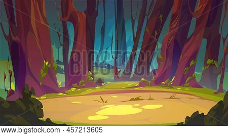 Deep Forest Landscape With Dirt Path, Cartoon Vector Illustration. Fairy Tale Or Playful Background,