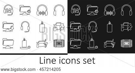 Set Line Wooden Barrel For Wine, Car Service, Headphone And Sound Waves, Headphones With Microphone,
