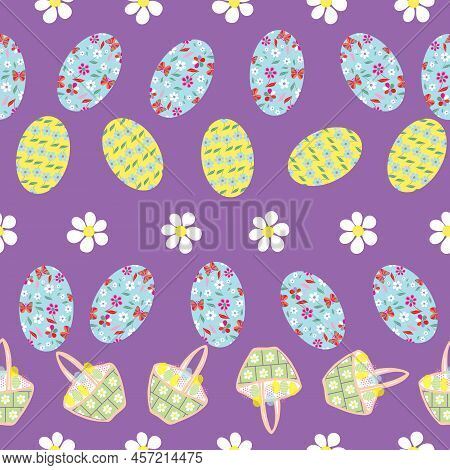 Seamless Vector Easter Eggs, Daises And Leaves Pattern