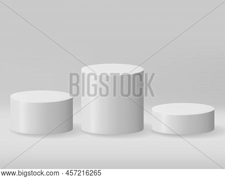 3d Grey Cylinder Podium Isolated. Stage For Product Presentation With Shadow. Empty Stage Round Podi