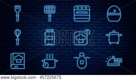 Set Line Covered With Tray Of Food, Cooking Pot, Oven, Jam Jar, Kitchen Whisk, Fork, Chef Hat And Ba