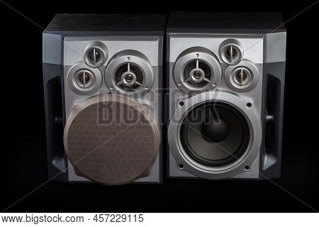Pair Of Home High Fidelity Three-way Loudspeaker Systems In Black Wooden Housings, One Of Which With