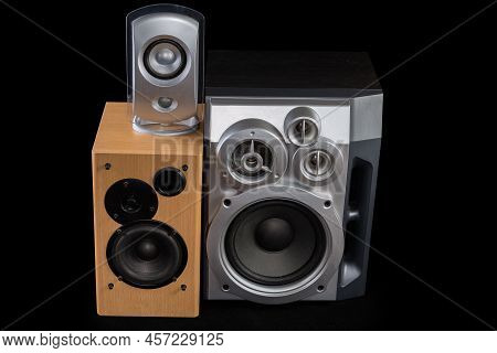 Home High Fidelity Three-way Loudspeaker System In Black Wooden Housing, Two Different Two-way Louds