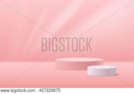 Pink And White Round Podium Realistic On Pink Curtain Background ,eps10 Vector Illustration