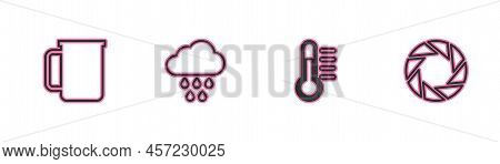 Set Line Coffee Cup, Thermometer, Cloud With Rain And Camera Shutter Icon. Vector