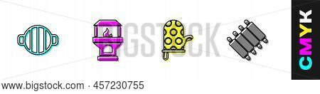 Set Barbecue Grill, Brick Stove, Oven Glove And Grilled Pork Bbq Ribs Icon. Vector