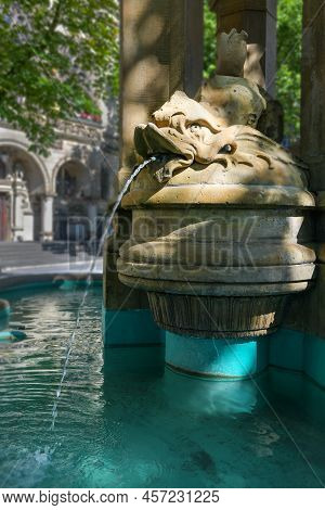 Gargoyle Fish, One Of Four Dolphins At The Mercator Fountain Made Of Sandstone In The Style Of Histo