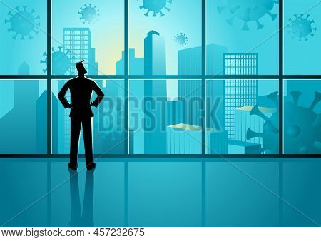 Vector Illustration Of Man Figure Looking Through The Window At Cityscape. Coronavirus Impact In Bus