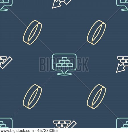Set Line Growth Arrow With Gold Bars, Gold Ring And On Seamless Pattern. Vector