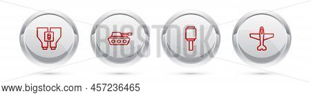 Set Line Binoculars, Military Tank, Anti-tank Hand Grenade And Plane. Silver Circle Button. Vector