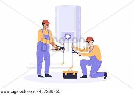 Workers Repairing Water Heater Flat Vector Illustration. Plumbers In Overalls Fixing Tankless Water 