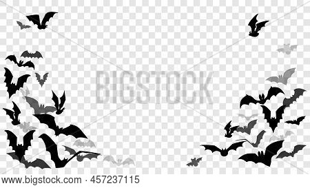 Halloween Decoration Element With Chaotic Flying Flock Of Bats. Spooky Frame With Black Isolated Fli