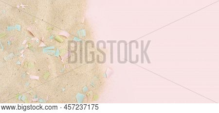 Conceptual Composition Of Microplastics And Coastal Sand. The Impact Of Microplastic On Nature. The