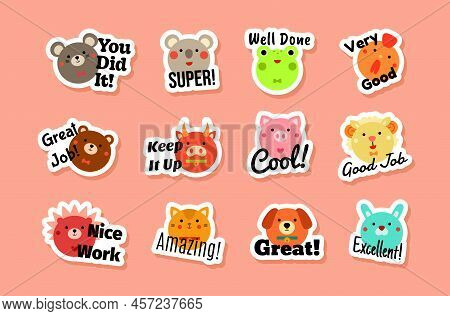 Grades For Children Funny Sticker With Animal Characters And Motivational Quote Set Vector