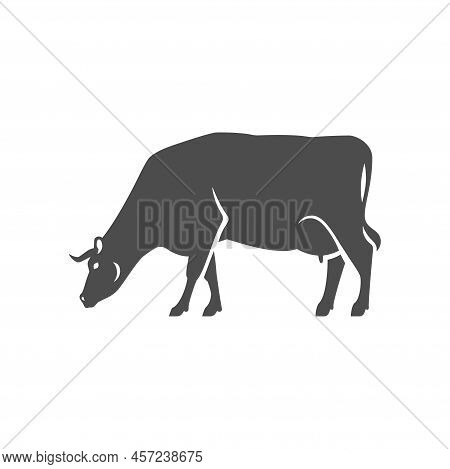 Cow Grazing Countryside Agriculture Lifestyle Monochrome Vintage Icon Vector Illustration