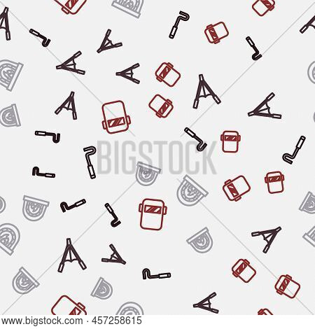 Set Line Fire Poker, Air Blower Bellows, Blacksmith Oven And Welding Mask On Seamless Pattern. Vecto