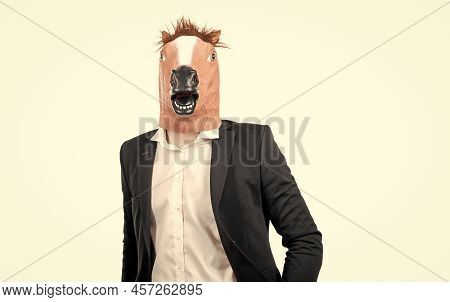 Professional Man Wear Horse Head And Business Suit Isolated On White, Workhorse