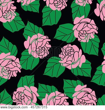 Seamless Abstract Vector Colorful Roses On Leaves Background.