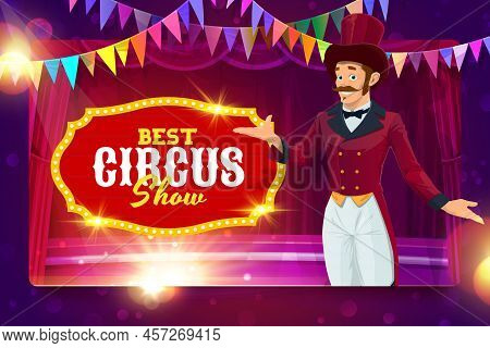 Shapito Circus Cartoon Entertainer On Stage, Funfair Carnival Show Vector Poster. Kids Circus Perfor