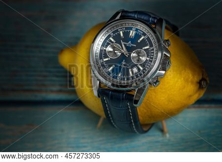 Belgrade, Serbia - June 28, 2022. Studio Shot Of A Blue Fancy Luxury Men Watch Jacques Lemans Wrappe