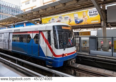 Bangkok, Thailand - December 2021: Bts Skytrain At Platform. Bts Is  Bangkok Transit System Train Dr