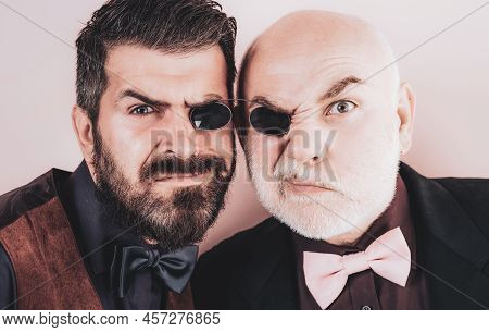 Old Father And Son. Fathers Day. Crazy Emotions. Comical Dad And Son. Funny Expression People. Daddy