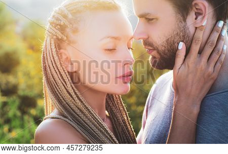 Romantic Couple In Love Looking At Each Other And Kissing. Portrait Of Two Sweet Gentle Delicate Gor