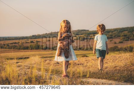 Bye Bye. Little Boy Say Good Bye With Little Girl. Farewell Concept. Truthful Feelings. Farewell Of 